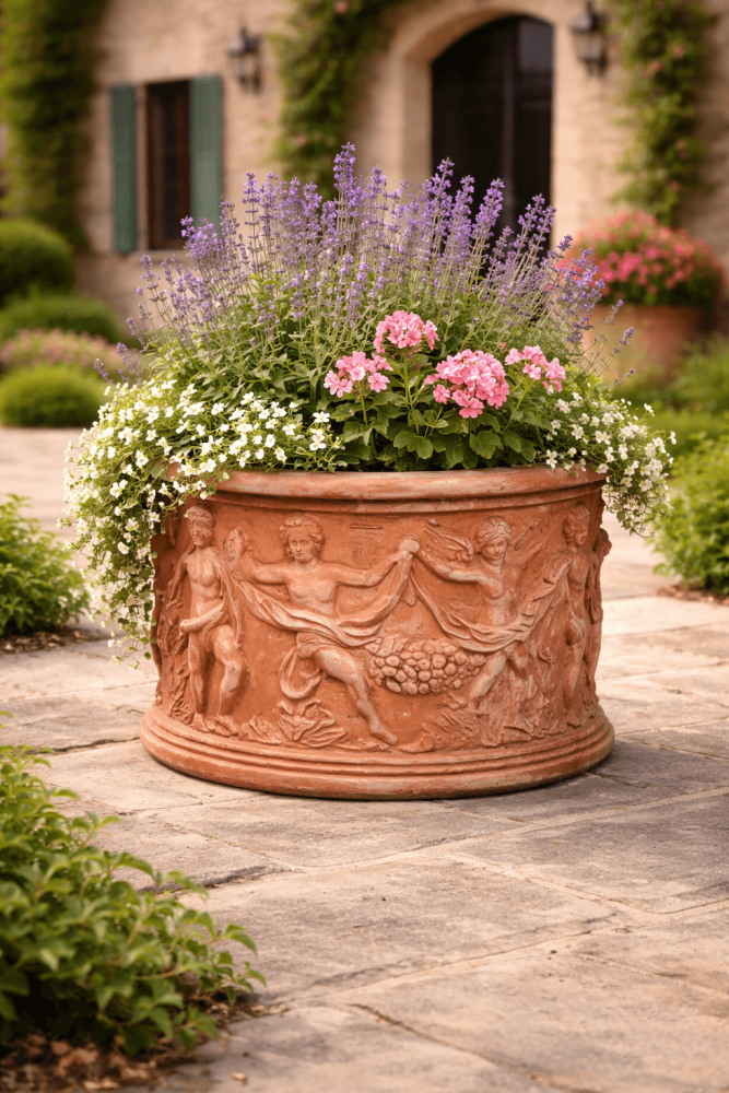 Terracotta Cylinder Impruneta avec putti dansants – pot décoratif artisanal italien